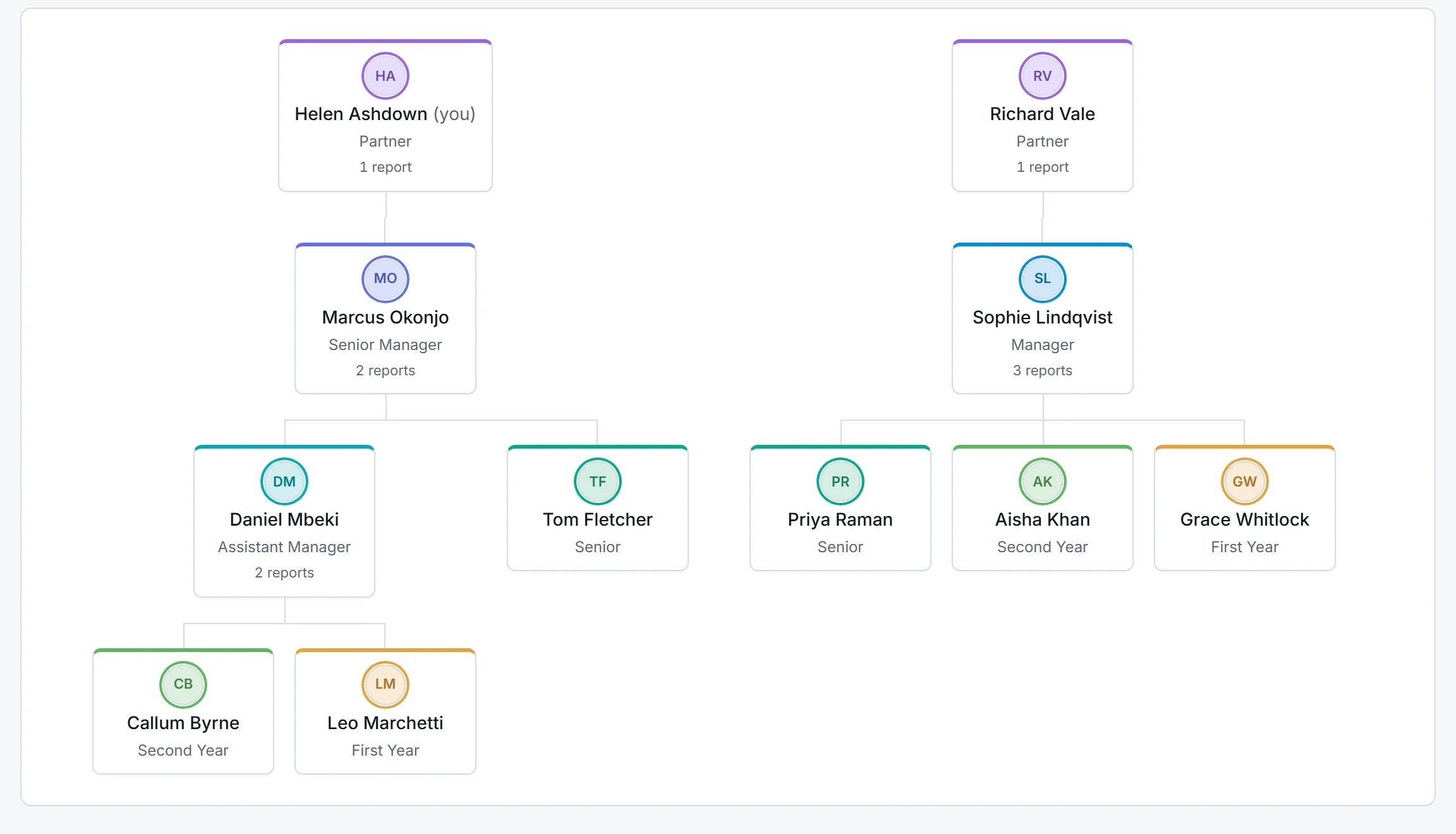 The org chart: two partners at the top, managers beneath them, then seniors and trainees, each card coloured by position.
